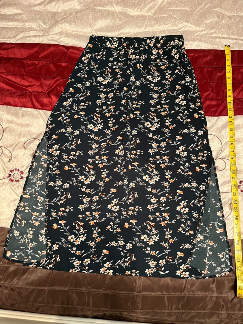 SHEIN Black Midi Skirt with Orange & Cream Floral Print